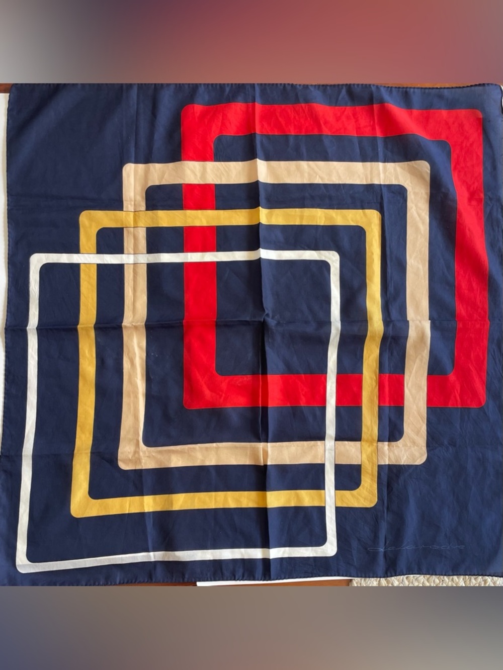 Silk-Feel Geometric Square Print Scarf in Navy, Red, Cream, Yellow, White